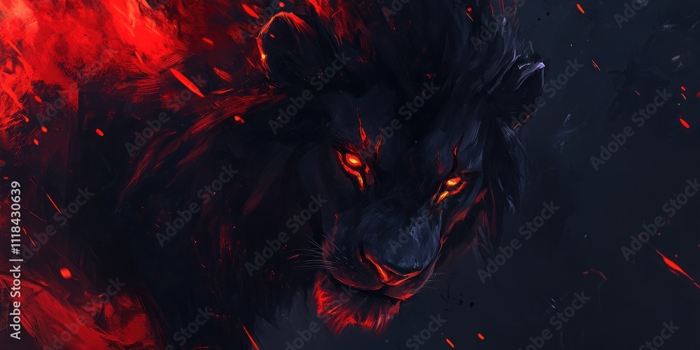 Fototapeta Fiery, dark lion portrait, burning mane, glowing eyes.