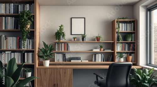 Wallpaper Mural Modern home office, wooden shelving unit, built-in desk, white brick wall, large windows, natural light, indoor plants, minimalist decor, empty picture frame, organized bookshelves, ergonomic office c Torontodigital.ca