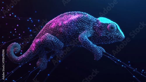 Abstract polygonal chameleon, glowing lines, dark background.