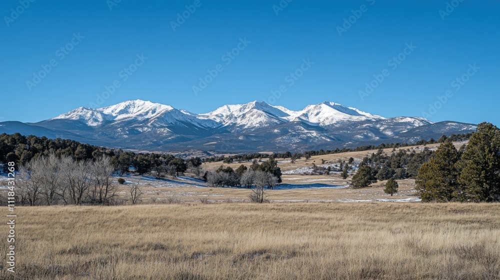 Snowcapped Mountains Rise Above Winter Grasslands Snowcapped Mountains Rise Above Winter Grasslands