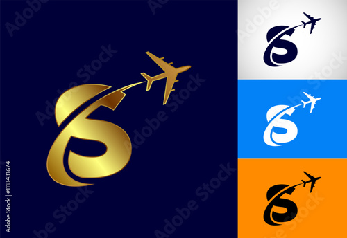Alphabet S with airplane. Travel icon. Aviation logo sign, Flying symbol. Flight icon in multiple color variation