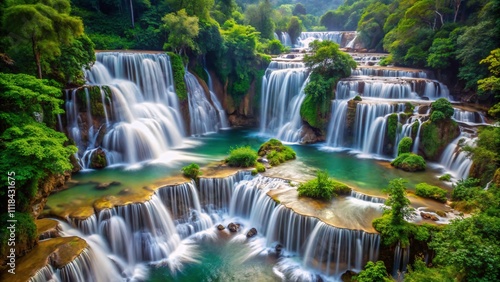 Powerful waterfalls plunging into tropical rivers amid dense forests.