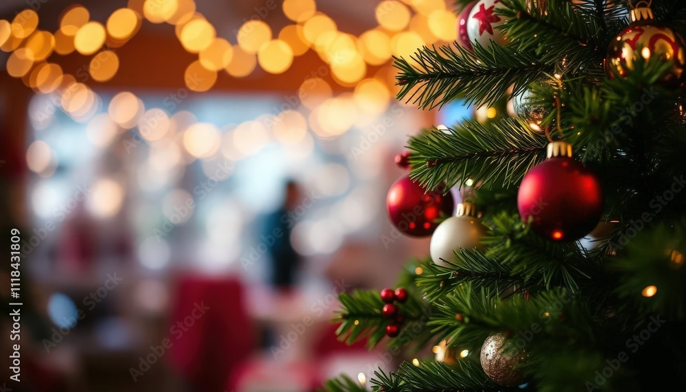 Happy holidays with Christmas tree, balls, golden tinsel confetti and snowflakes on background Happy holidays with Christmas tree, balls, golden tinsel confetti and snowflakes on background