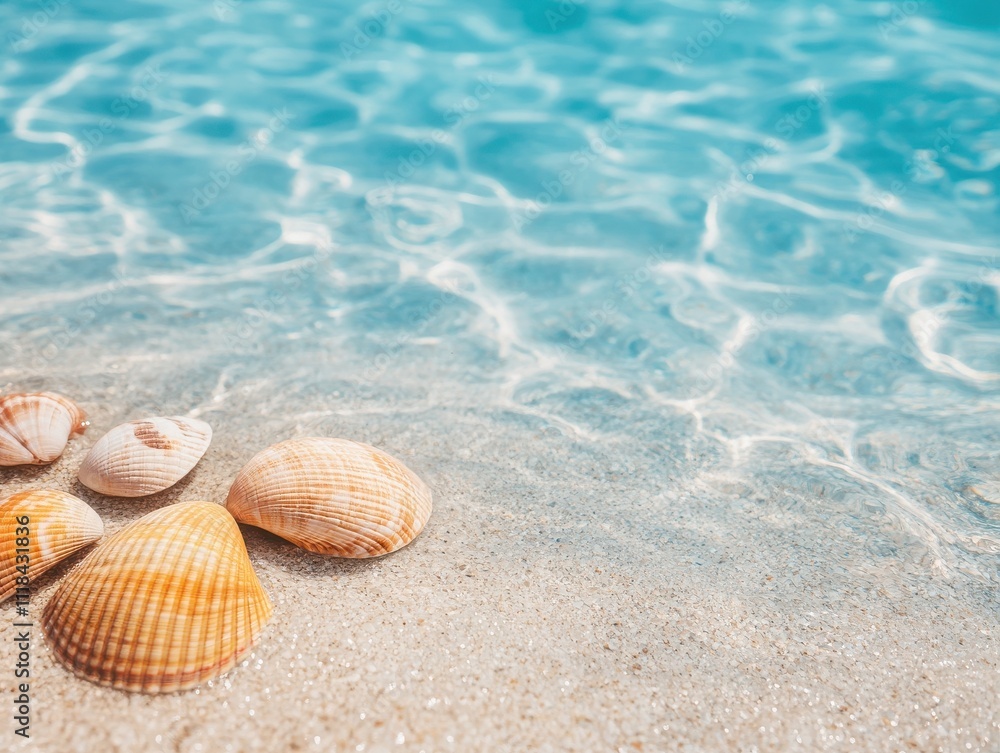 Beautiful seashells resting on a sandy beach, with crystal clear turquoise water gently shimmering in the sunlight. Beautiful seashells resting on a sandy beach, with crystal clear turquoise water gently shimmering in the sunlight.