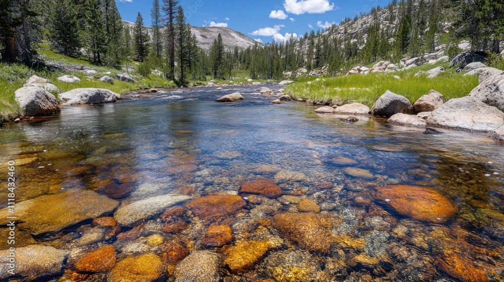 Crystal Clear Mountain Stream Flows Over Colorful Rocks Crystal Clear Mountain Stream Flows Over Colorful Rocks
