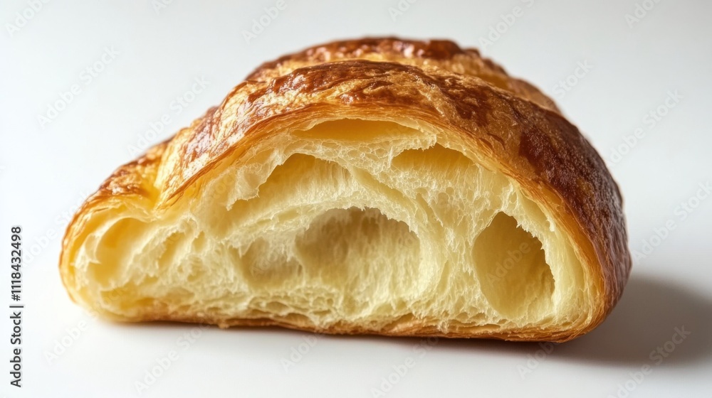 A delectable flaky croissant rests on a pristine white background, revealing its airy layers and inviting texture. Perfectly baked, it exudes warmth and comfort A delectable flaky croissant rests on a pristine white background, revealing its airy layers and inviting texture. Perfectly baked, it exudes warmth and comfort