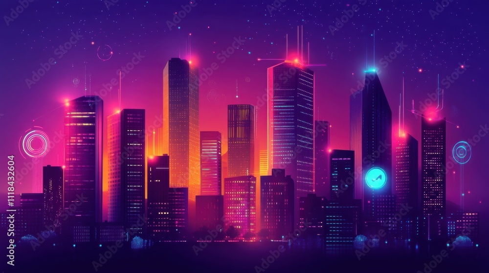 A modern city skyline illuminated by vivid colors and glowing technology during twilight. Tall buildings stand against a twilight sky filled with stars, showcasing a futuristic ambiance A modern city skyline illuminated by vivid colors and glowing technology during twilight. Tall buildings stand against a twilight sky filled with stars, showcasing a futuristic ambiance