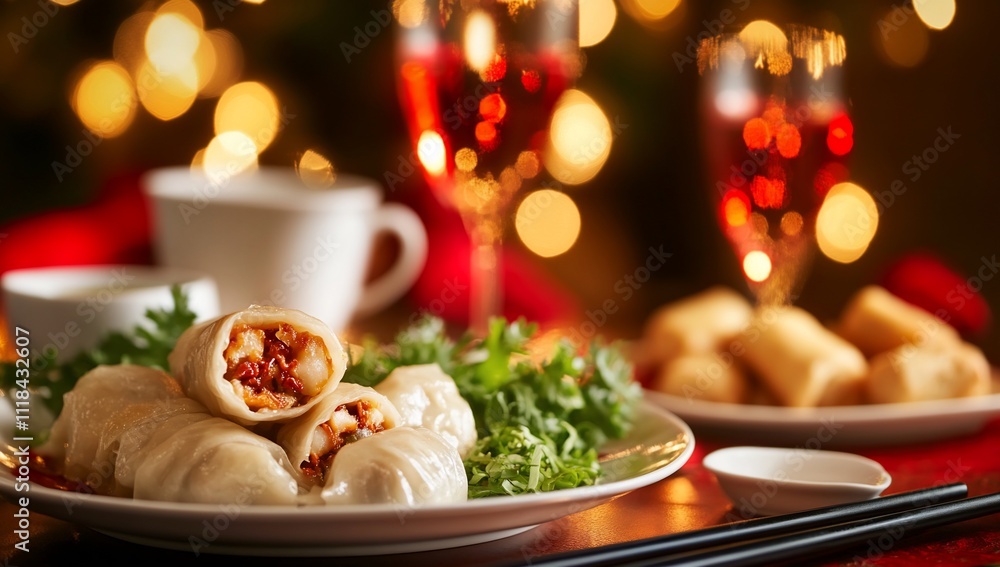 A festive table setting featuring delicious dumplings and drinks. A festive table setting featuring delicious dumplings and drinks.