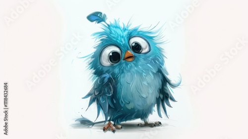 an adorable, spiky blue bird with big eyes, set against a white background