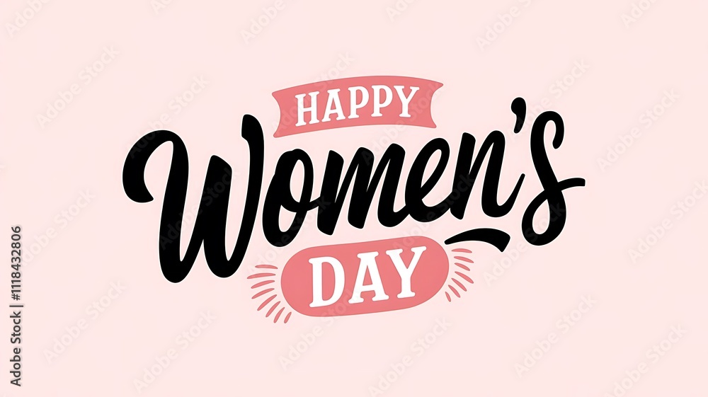 Elegant and Festive International Women's Day Design with Modern Script Text, Pink Banner, and Circular Flourish on Clean White Background Elegant and Festive International Women's Day Design with Modern Script Text, Pink Banner, and Circular Flourish on Clean White Background