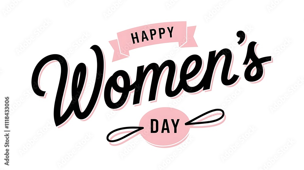 Naklejka premium Elegant and Festive International Women's Day Design with Modern Script Text, Pink Banner, and Circular Flourish on Clean White Background