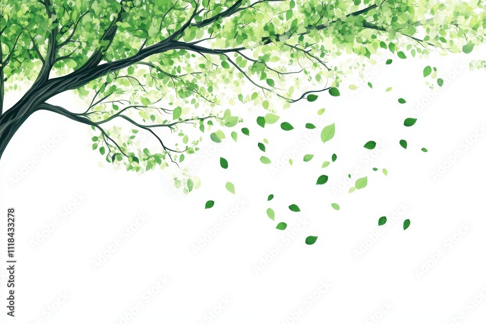 A stylized tree with green leaves and falling leaves on a white background. A stylized tree with green leaves and falling leaves on a white background.