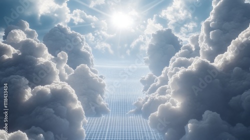 A stunning digital visualization showcases a pathway formed by a grid, leading through fluffy clouds towards a bright sun. The scene evokes a sense of depth and exploration in computing