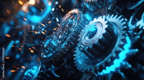 A close-up view of interconnected gears creating electric sparks. The metallic components glimmer in a vibrant blue light, showcasing the intricate machinery at work