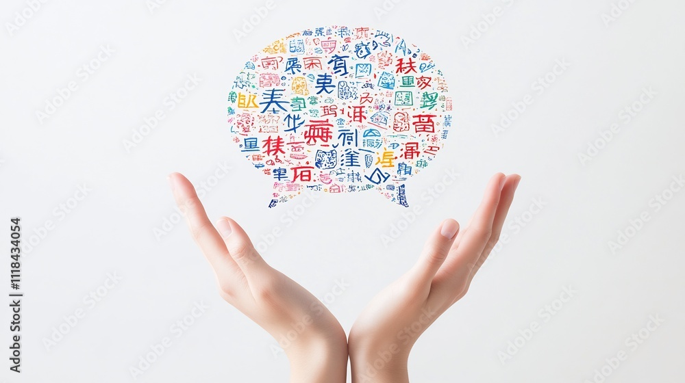 Hands holding a speech bubble filled with colorful symbols. Hands holding a speech bubble filled with colorful symbols.