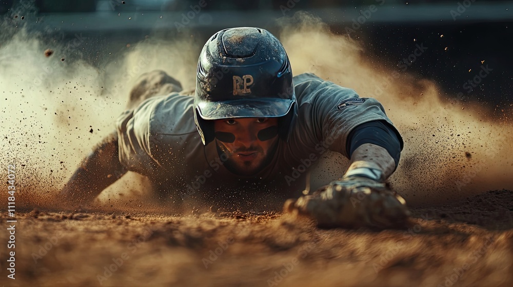 Obraz premium A determined baseball player dives into the dirt, a cloud of dust swirling around him. The intensity of the moment is captured in this powerful image.