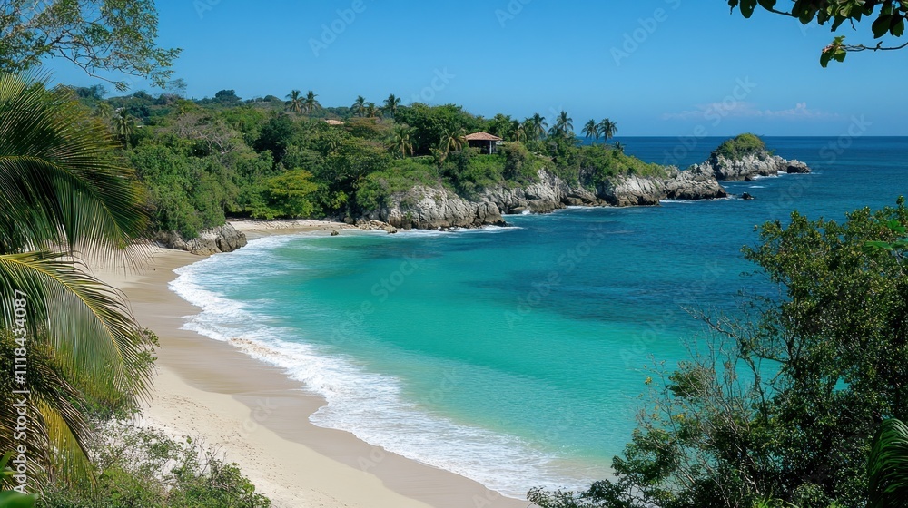 Secluded tropical beach cove with turquoise water. Secluded tropical beach cove with turquoise water.