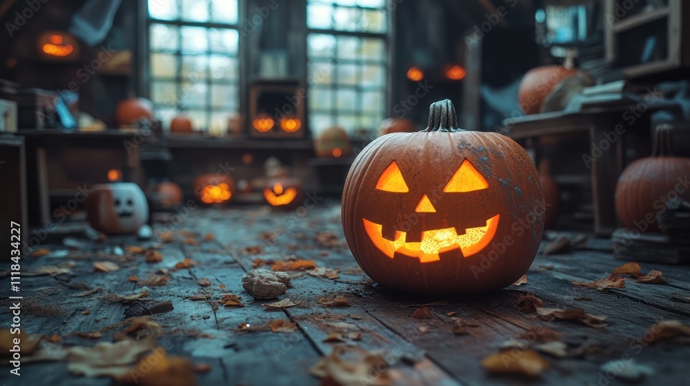 Lit jack-o'-lantern on rustic wooden floor in spooky Halloween setting. Lit jack-o'-lantern on rustic wooden floor in spooky Halloween setting.