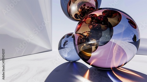 Modern glass spheres with a mirrored surface in a minimalist setting