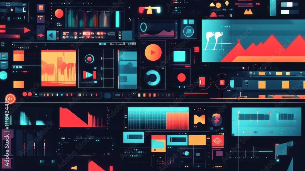 Futuristic digital dashboard with colorful data visualizations and graphs. Futuristic digital dashboard with colorful data visualizations and graphs.
