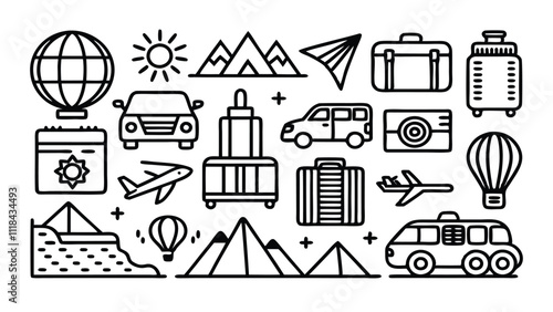 ravel & Tourism related icon editable stroke outline  set of different types small icons isolated on white background flat vector illustration