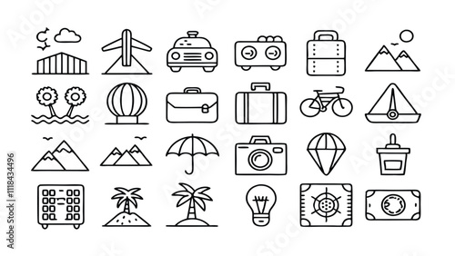 ravel & Tourism related icon editable stroke outline  set of different types small icons isolated on white background flat vector illustration