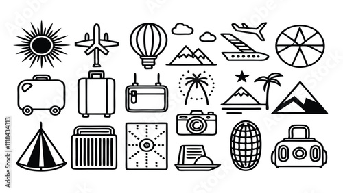 ravel & Tourism related icon editable stroke outline  set of different types small icons isolated on white background flat vector illustration
