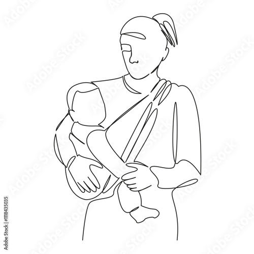 One continuous single drawing line art flat doodle mother, nest, baby, family, childhood, sling, tenderness. Isolated image hand draw contour on a white background, hand drawn, not AI