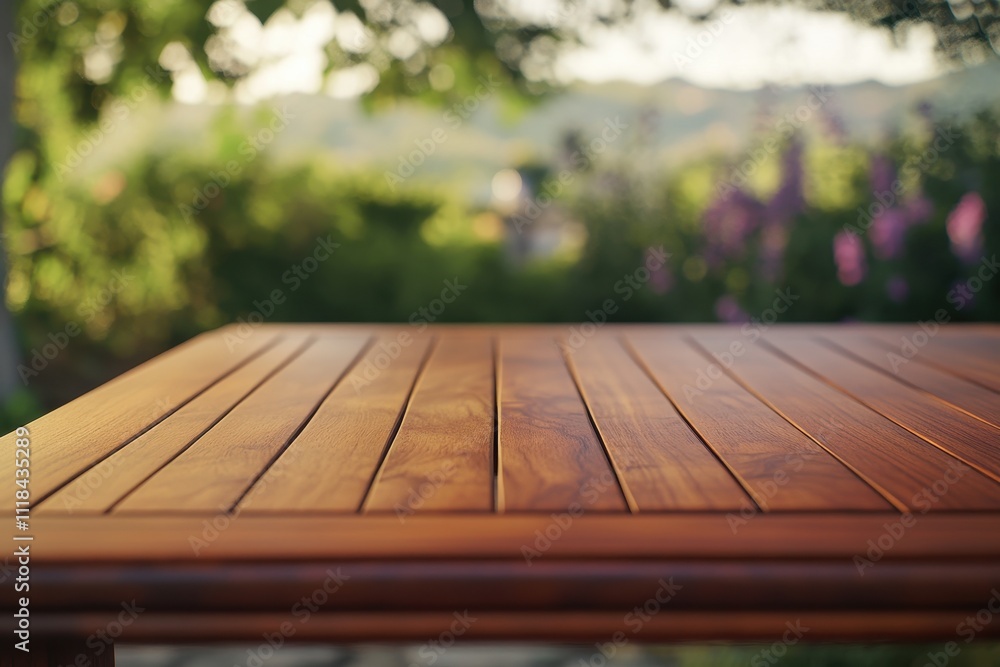 A wooden table in a serene outdoor setting with blurred natural background. A wooden table in a serene outdoor setting with blurred natural background.
