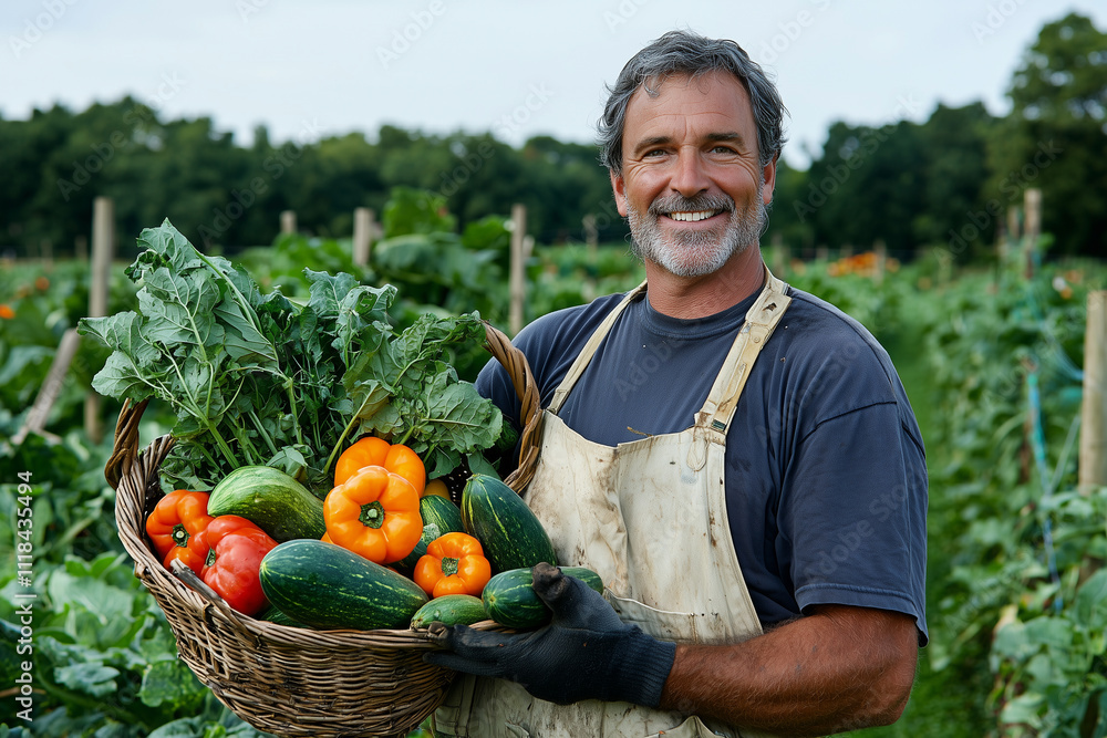Fototapeta premium friendly farmer smiling while holding basket of fresh vegetables, including bell peppers, cucumbers, and leafy greens, in lush green field on sunny day