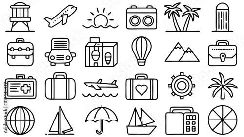 ravel & Tourism related icon editable stroke outline  set of different types small icons isolated on white background flat vector illustration
