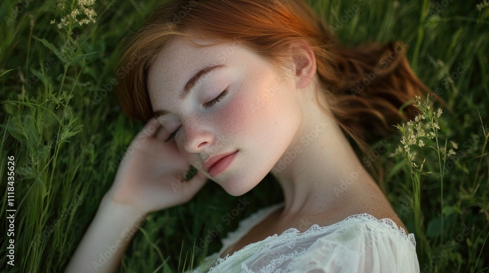 Red haired girl sleeps peacefully in green grass Red haired girl sleeps peacefully in green grass