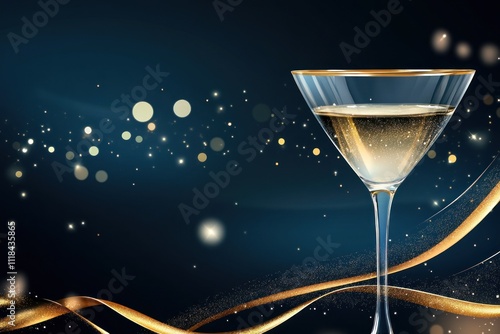 Elegant champagne in glass with golden sparkles around photo