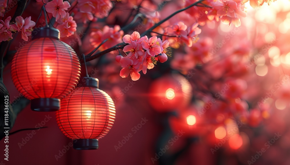 Festive Chinese New Year Background Sakura Branch Lanterns and Blank Space for Text Festive Chinese New Year Background Sakura Branch Lanterns and Blank Space for Text