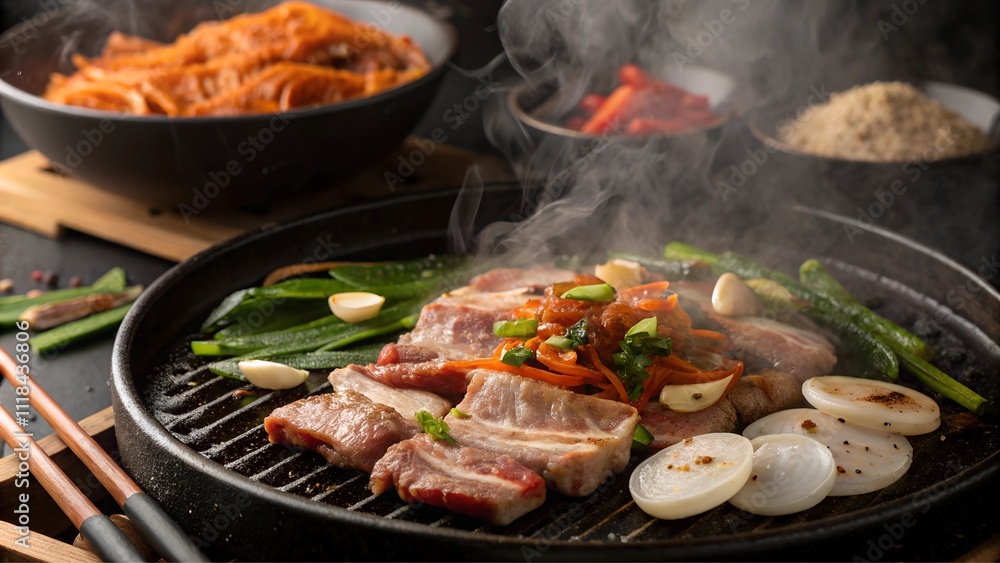Fototapeta premium Samgyeopsal slices grilling on a barbecue with vegetables and steam