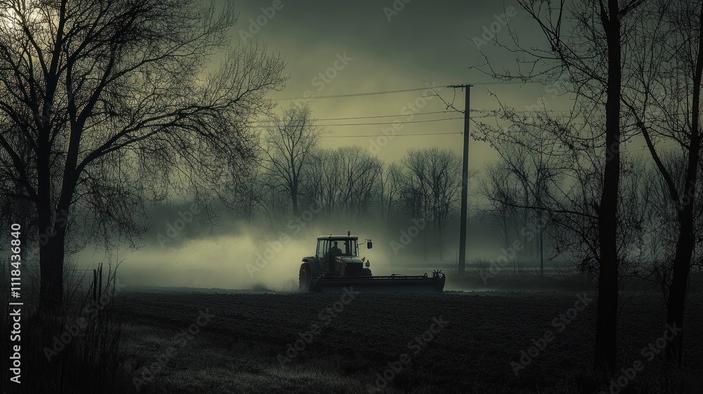 Fototapeta premium Tractor working a misty field at dawn