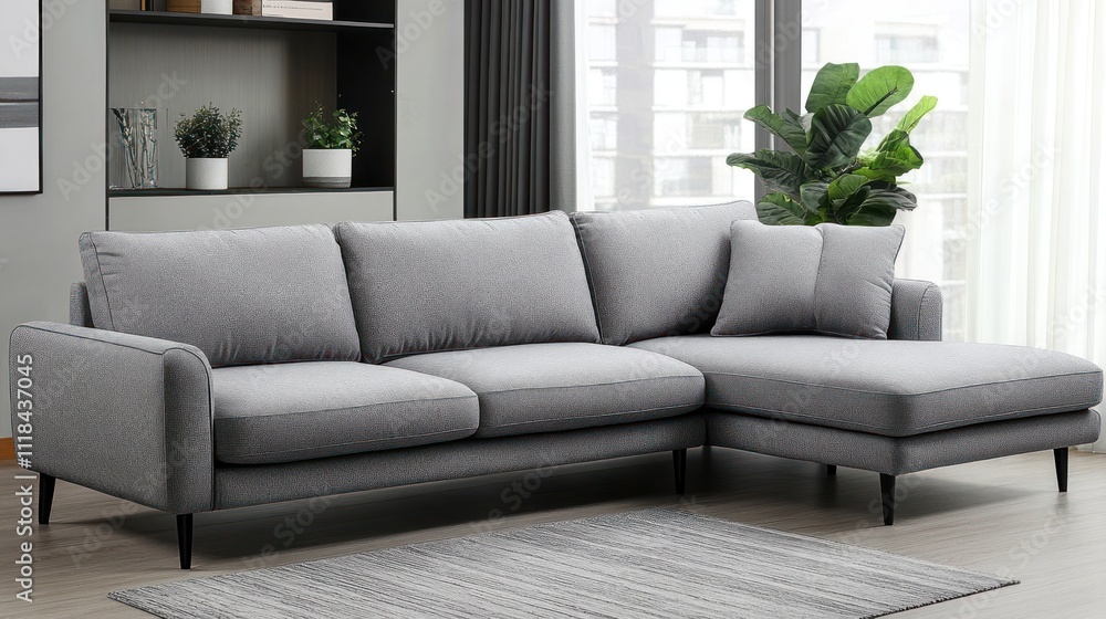 Fototapeta premium Modern Grey Sectional Sofa In Contemporary Living Room