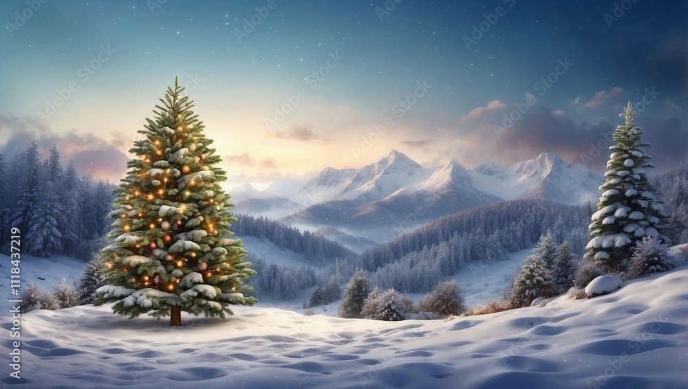 Snowflakes Fall Around Bright Christmas Tree Snowflakes Fall Around Bright Christmas Tree