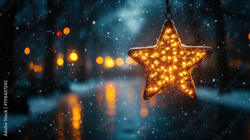 Illuminated star ornament hanging outdoors on a snowy night, with blurred city lights in the background. Illuminated star ornament hanging outdoors on a snowy night, with blurred city lights in the background.