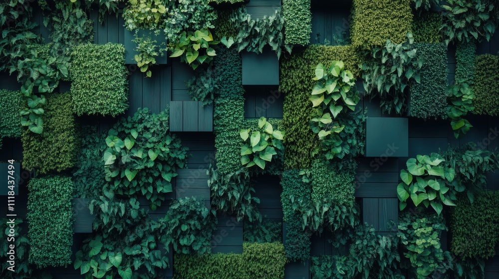 Lush vertical garden with diverse green foliage and dense plant patterns Lush vertical garden with diverse green foliage and dense plant patterns