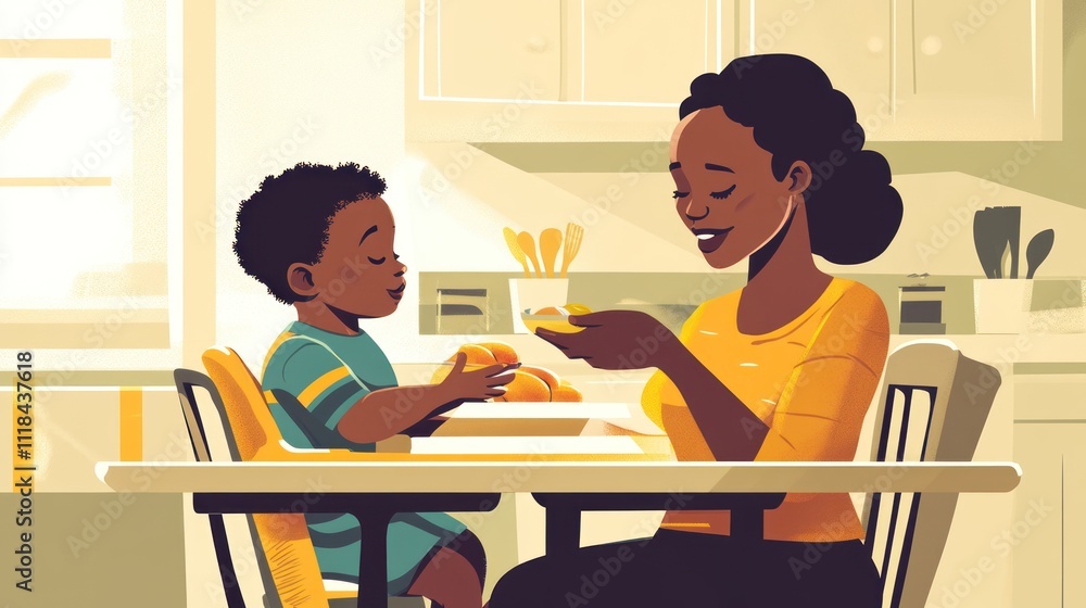 A mother and child share a meal together in a cozy kitchen, enjoying a moment of connection. A mother and child share a meal together in a cozy kitchen, enjoying a moment of connection.