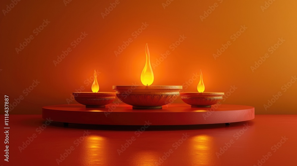 Three lit diyas on a red platform against a warm background. Three lit diyas on a red platform against a warm background.