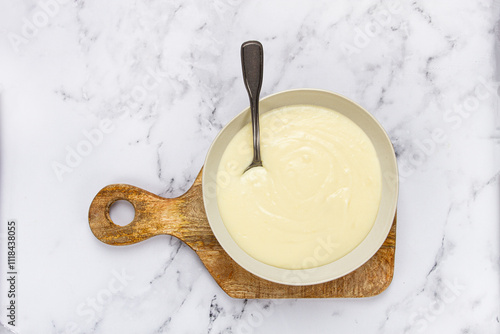 Mashed potatoes, with suluguni cheese, homemade, on a marble table, no people, top view, photo