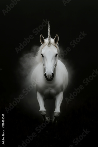 Majestic white unicorn emerging from mist on a dark background. photo