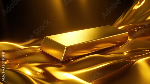 Gold ingot showcased against flowing golden silk backdrop