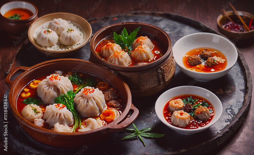 A table with a variety of Asian food, including dumplings and soup. The table is set with bowls and spoons, and there are several bowls of different sizes and shapes. The food looks delicious A table with a variety of Asian food, including dumplings and soup. The table is set with bowls and spoons, and there are several bowls of different sizes and shapes. The food looks delicious
