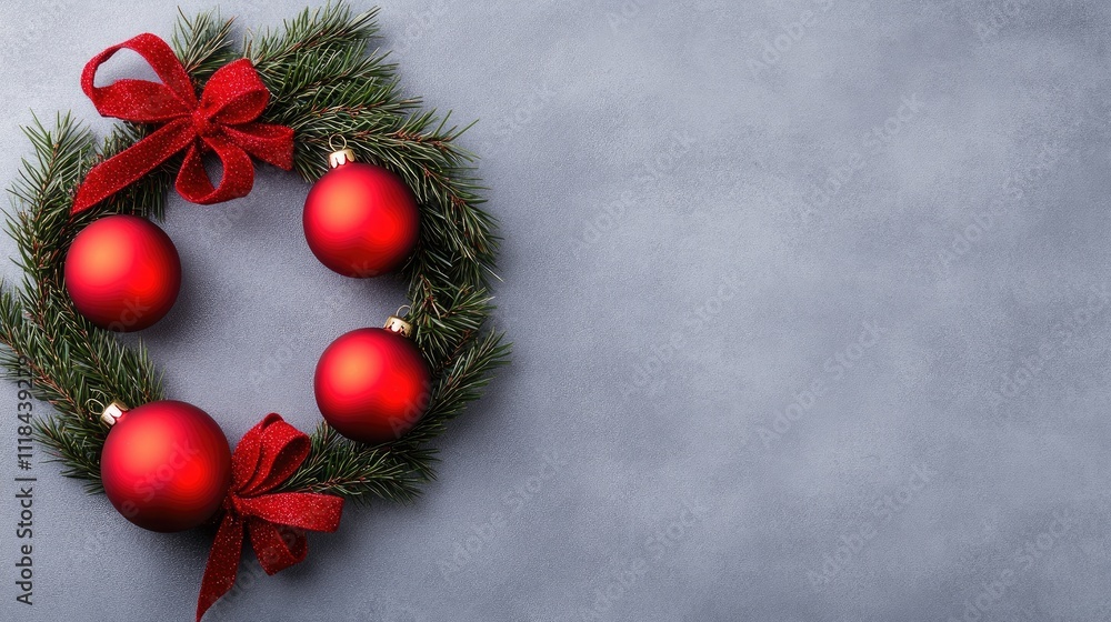 Discover a beautifully arranged Christmas wreath adorned with vibrant red ornaments and a decorative bow, set on a subtle silver background. Perfect for holiday greetings and invitations Discover a beautifully arranged Christmas wreath adorned with vibrant red ornaments and a decorative bow, set on a subtle silver background. Perfect for holiday greetings and invitations