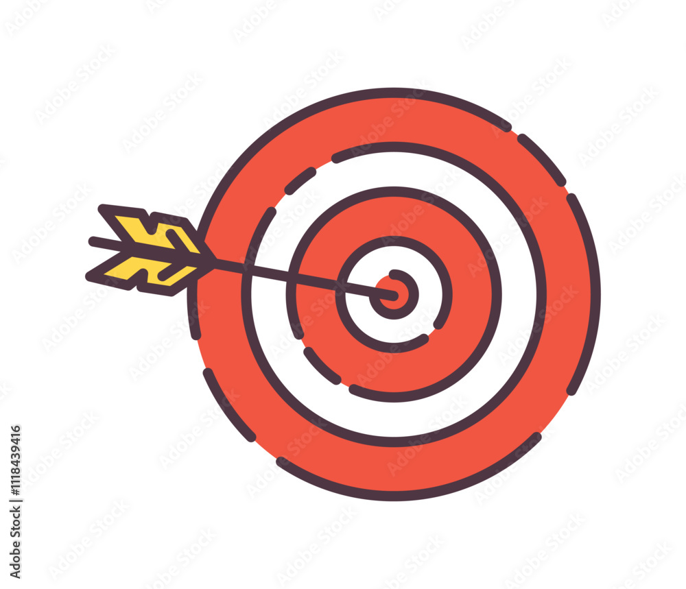 Target Icon illustration. Flat line color icon of an illustration of an arrow hitting the center of a target, symbolizing achieving goals and success. Colored Outline Icons. Target Icon illustration. Flat line color icon of an illustration of an arrow hitting the center of a target, symbolizing achieving goals and success. Colored Outline Icons.