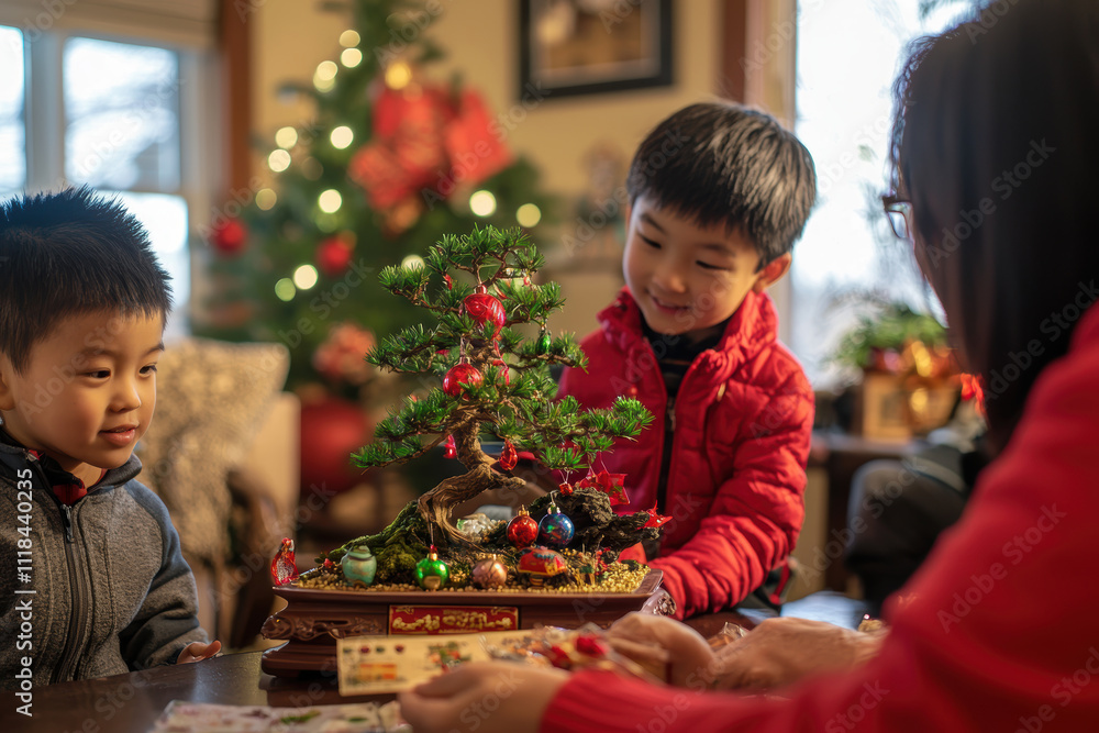Lunar New Year Family Tradition: Children Decorating Bonsai with Festive Ornaments Lunar New Year Family Tradition: Children Decorating Bonsai with Festive Ornaments