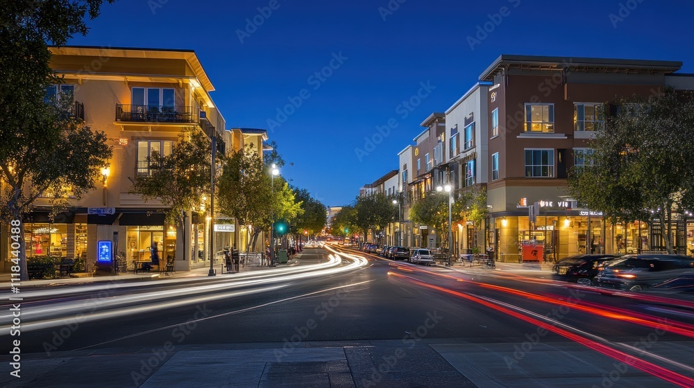 Nighttime City Street Scene With Light Trails and Buildings Nighttime City Street Scene With Light Trails and Buildings